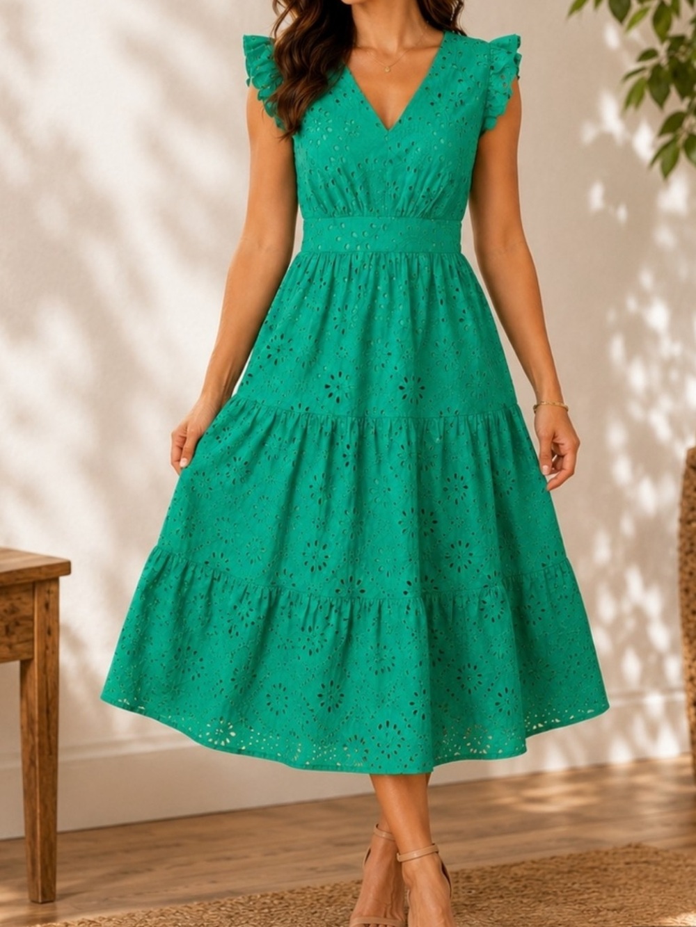 Maggy London Tiered Midi Dress Green Eyelet Embroidered Cotton NWT Size 8